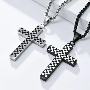Collier pour <span class=keywords><strong>homme</strong></span> en acier inoxydable avec pendentif croix, design hip-hop personnalisé, motif <span class=keywords><strong>blanc</strong></span> et noir, <span class=keywords><strong>chaîne</strong></span> longue, populaire, DZ531 - Product Image 1