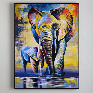 Peinture à l'huile murale 100% peinte à la main, grand <span class=keywords><strong>et</strong></span> petit éléphant jouant dans l'eau, décoration colorée, 2 éléphants - Product Image 1
