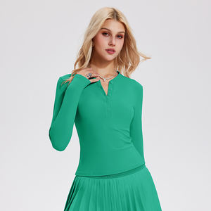 Op Maat Gemaakte Logo-Opdruk Dames Slim-Fit Zachte Shirts Ademend Met Diepe V-Hals En Lange Mouw Effen Kleur Vrijetijdskleding Effen - Product Image 4