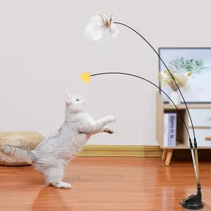 Steel wire long rod feather cat teaser creative ping pong suction cup fixed self hi elastic pet cat supplies wholesale