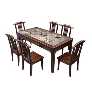 Ensemble table et chaises à manger en bois d'ébène massif style chinois, 6 pièces, rectangulaire, moderne et minimaliste - Product Image 5
