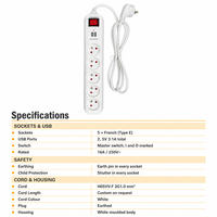 Multiprise industrielle et hospitalière blanche avec 5 prises, 2 ports USB (A et Type-C), interrupteur et cordon personnalisé H05VV-F