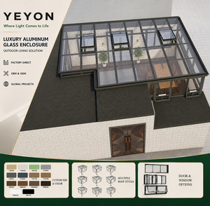 Yeyon 2026 OEM Véranda extérieure préfabriquée en verre avec toit incliné, puits de lumière suspendus et structure en verre fixe aux coins - Product Image 1