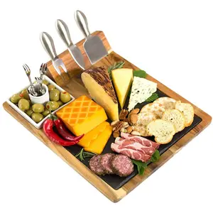 CNLF Tabla de queso de madera en forma de rectángulo con cuchillo de acero inoxidable Bandeja para servir comida de Cocina Casera para vajilla