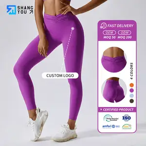 BCK8009 Ruched waist OEM Garment Custom Quick Dry Nylon Spandex Buttock Lift Fold Solid Color Yoga Leggings