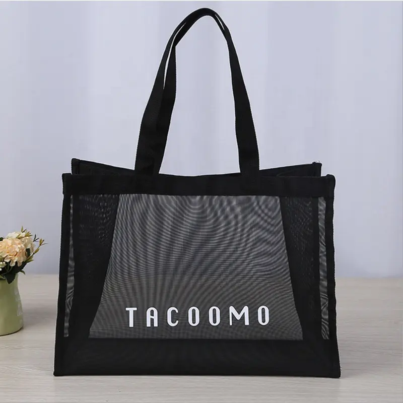 Huahao Wholesale Screen Print Logo Black Nylon Mesh Tote Bag For Women