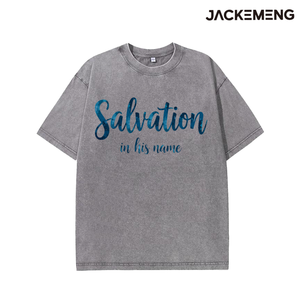 Gewaschenes Oversize-Baumwoll-T-Shirt mit Aufdruck „Salvation in His Name“ in blauem Aquarell-Schriftzug, Retro-Streetwear, Alltags-Casual-T-Shirt, USA - Product Image 2