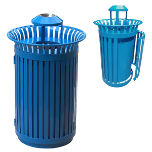 wholesale public street blue round metal slat steel iron eco outdoor ashtray waste bin garbage trash can