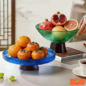 Bol à fruits en verre sur pied, rond, avec base en bois, pour la maison et les fêtes - Product Image 5