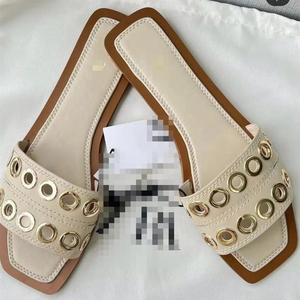 Sandales plates à bout carré pour femmes, avec œillets métalliques décoratifs, double bride, pour l'été, pantoufles d'extérieur, vente en gros - Product Image 2