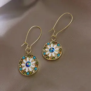 Fashion Personalized Gold Plated Alloy Gemstone Round Drop Earrings Disc Hook Earrings