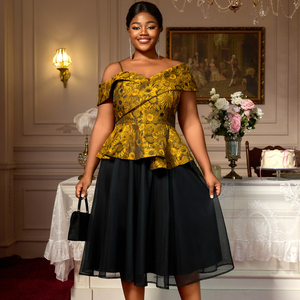 AM050344SET Asymmetrical Peplum Jacquard <strong>Top</strong> <strong>Tulle</strong> a Line Skirt Patchwork Women Formal Two Pieces Sets - Product Image 1