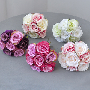 Ramo de Rosas Artificiales de Seda, 7 Tallos, Atado a Mano, Flores para Boda, Color Morado, Rojo, Blanco, Rosa, Champán - Product Image 1