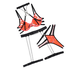 Valentines Lingerie Embroidered Mesh Contrasting Underwear Chocker Garter Lingerie Set - Product Image 5