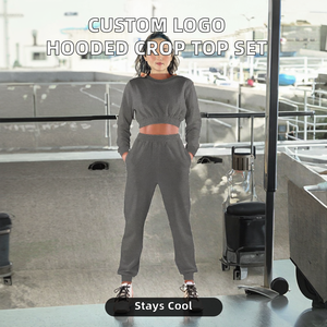 ชุดเซ็ตสองชิ้นแบบมีฮู้ด แขนยาว สำหรับผู้หญิง ลายโลโก้แบบกำหนดเอง เนื้อผ้าถัก ผสมสแปนเด็กซ์/โพลีเอสเตอร์ ป้องกันการเป็นขุย ระบายอากาศได้ดี สวมใส่สบายๆ สำหรับฤดูใบไม้ร่วง - Product Image 2