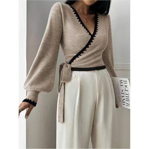 Pull court élégant en maille à manches longues et col en V avec ceinture, manches lanternes, pour femme – Idéal pour le bureau en automne - Product Image 1