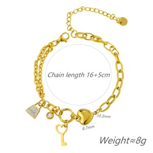 Stainless Steel 18K Gold Plated Combination Chain Zircon <b>Bracelet</b>-Heart Lock Key Pendant Design Versatile Stylish Party Jewelry - Product Image 5