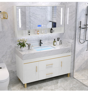 Modern Floor Standing Bathroom <b>Vanity</b> With <b>Led</b> <b>Mirror</b> Ceramic Basin 60 In MDF Contemporary Design White Finish - Product Image 2