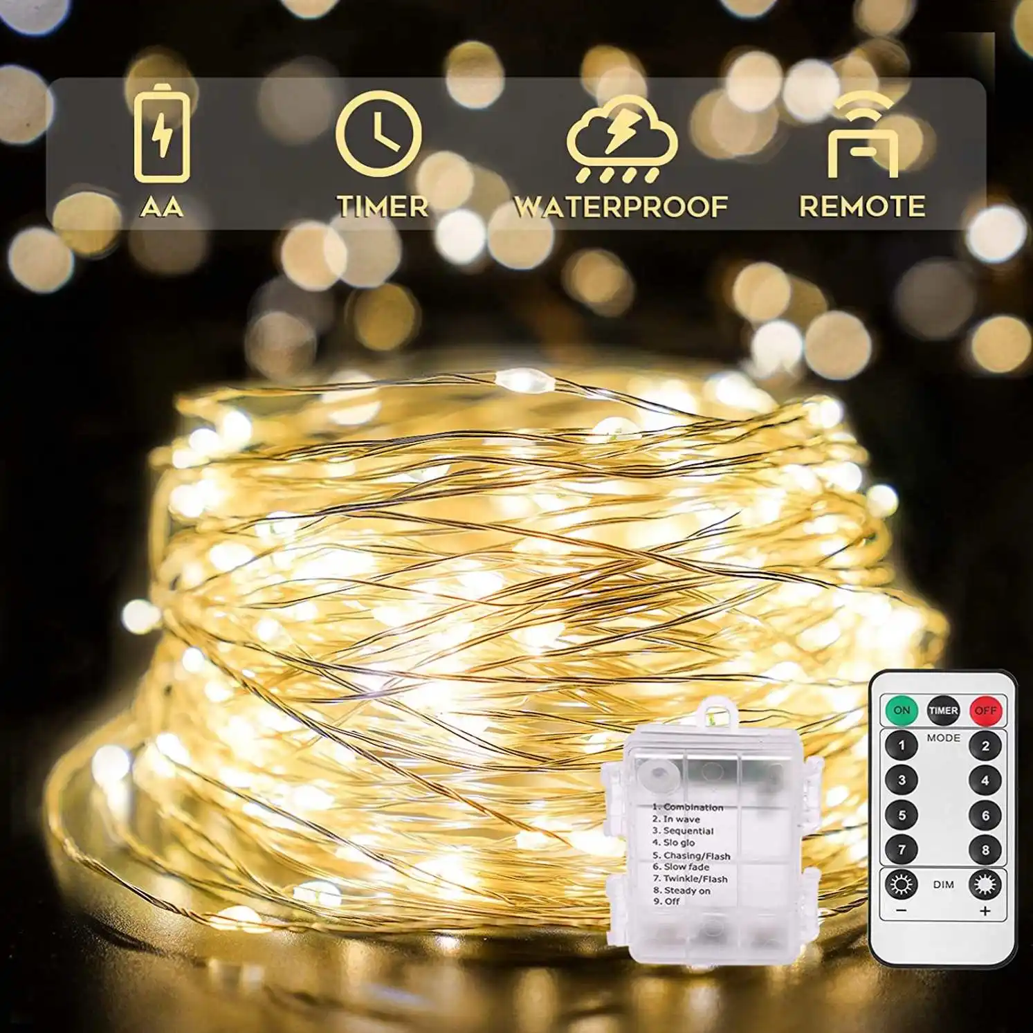 Luci fatate a LED filo di rame a batteria con telecomando, luce a stringa impermeabile per esterni a Led per camera da letto, giardino, natale, festa