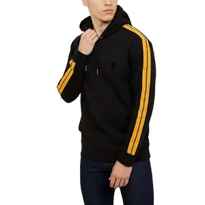 OEM toptan erkek sarı şerit uzun kollu siyah moda hoodies