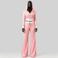 Haute qualité personnalisé blanc rose 100% coton éponge française recadrée fermeture éclair à capuche et pantalon de survêtement ensemble pour les femmes automne