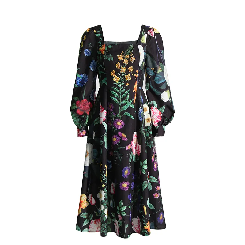 TWOTWINSTYLE Spring Square Collar Long Sleeve High Waist Folds A Line Hit Color Print Long Women Dress