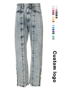 Ykmozi ผ้ายีนส์สีฟ้าอ่อนปรับแต่งได้กางเกงยีนส์แบบกอธิคสำหรับผู้ชายขากว้างไม่ยืดทรงหลวมพิมพ์ลายตะเข็บ - Product Image 1