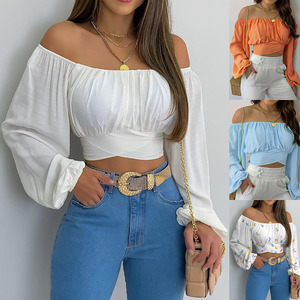 Elegante damesblouse met off-shoulder print, sexy kanten strik, open rug, slank model, casual, lange mouwen, cropped streetwear <span class=keywords><strong>blouse</strong></span>. - Product Image 2