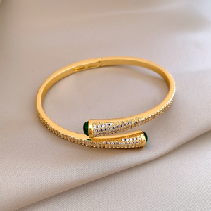 Luxury Gold Plated Bangles with Green Gemstone Full Rhinestone Inlay Twist Design Elegant Party Jewelry Women <strong>Fashion</strong> <strong>Accessory</strong> - Product Image 1