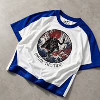 T-shirt Raglan Homme Coupe Décontractée Personnalisé Blanc Bleu Manches Contrastantes Motif Vague Panthère Transfert Thermique Décontracté Manches Courtes