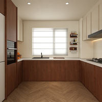 Meuble de cuisine modulaire sur mesure en forme de L, placage bois bicolore, rangement de cuisine moderne et minimaliste avec éclairage LED et plan de travail en quartz