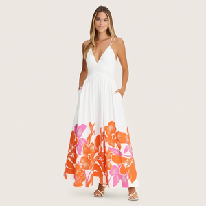 Vestido largo maxi bohemio personalizado para <span class=keywords><strong>mujer</strong></span>, con estampado floral blanco, cintura imperio, escote en V profundo, tirantes finos, fruncido y bolsillos laterales, ideal para invitadas <span class=keywords><strong>de</strong></span> boda. - Product Image 6