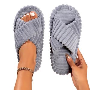 Chaussons pour femmes en velours côtelé à bout ouvert, automne-hiver, intérieur-extérieur, semelle épaisse, chaud, PVC, ouverture à une sangle, semelle en mousse - Product Image 2