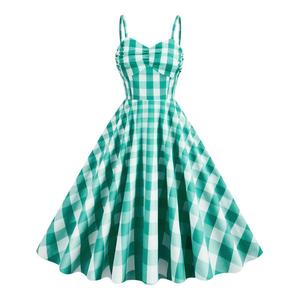 New Vacation Style Retro Plaid Stripe Hanging Strap High Waist Women's Cotton Medium Length Sleeveless A-line Casual <strong>Dress</strong> - Product Image 1
