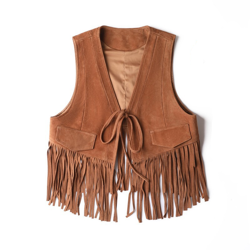 4110 New Women's Leather Vest Cowboy West Style Suede Fringe Vest Formal Outer Wear with Windproof Feature for Spring Autumn
