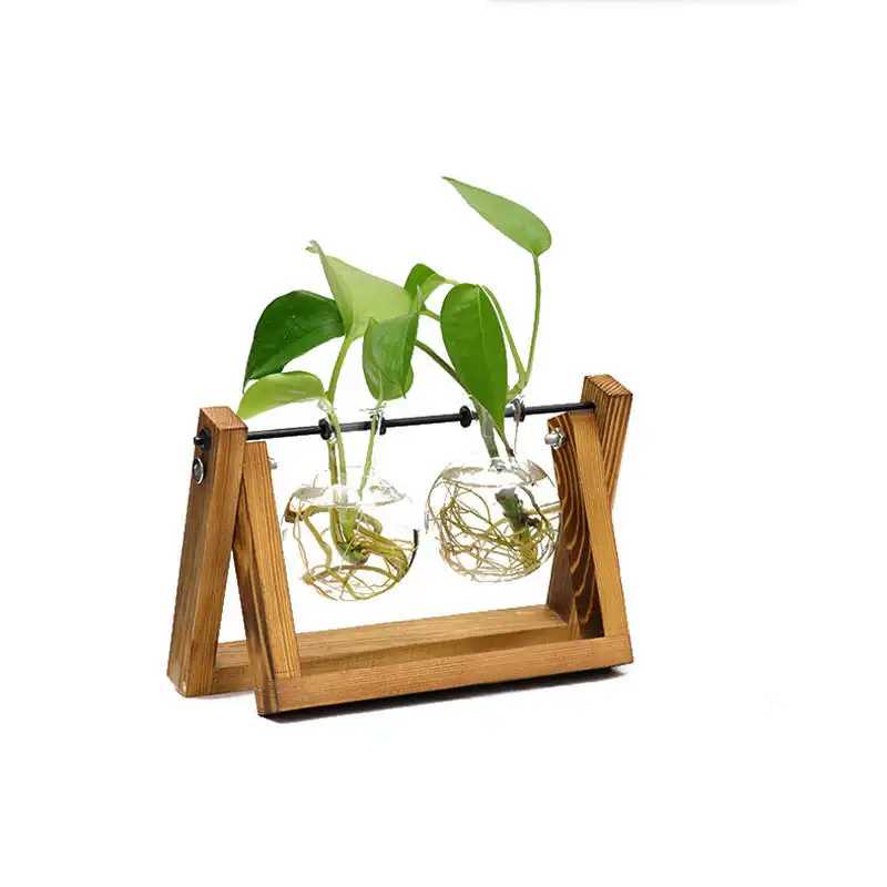 Hot selling plant terrarium with wooden stand bulb vase desktop glass planter bulb hydroponics vase
