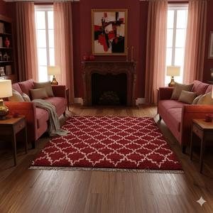 Tapis en laine noué à la main Rouge Géométrique Poils longs Doux Anti-statique Écologique Tapis de salon Chambre à coucher Décoration - Product Image 1