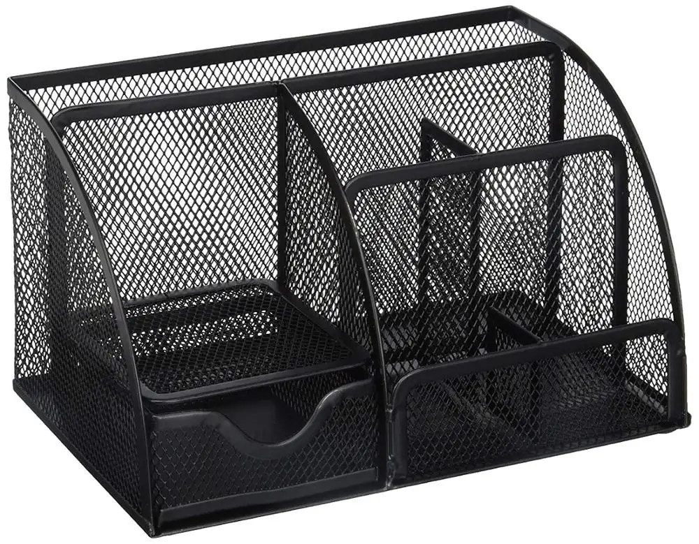 Mesh Desktop Organizer Caddy for Office 7 Compartments for Sticky Notes Staplers and Pens - Black