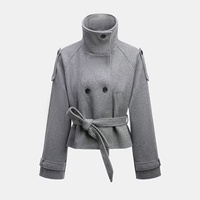 Manteau court élégant pour femme, à double boutonnage, ceinturé, à manches longues, col à revers, uni, en polyester, coupe ample, pour l'hiver