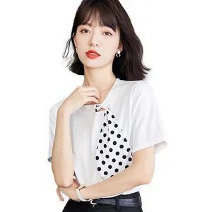 Korean Style Fashion Special Loose T-shirt Polka Dot Scarf Collar Short Sleeve Top