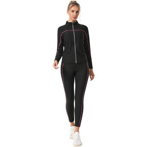 Conjunto de yoga y sauna transfronterizo de poliéster con cremallera, pantalones de cintura alta con control de abdomen y top de manga larga para deporte - Product Image 5