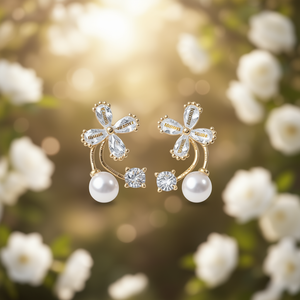 Orecchini a forma di fiore Vilagold, placcati in oro, con perle finte AAA, rotonde, bianche, romantici, gioielli da sposa per donna - Product Image 2