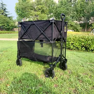 Foldable Wagon Cart Beach Wagon with Lower Decker, Folding Shopping Carts Steel Frame+ 600D Fabric Bag Roll Container 100kg 14KG