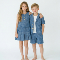 Ensemble Robe Plissée Fille et Blazer Garçon en Tweed Bleu, Tenues Assorties Frère Sœur, Vêtements Enfants Boutique