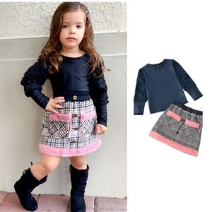 Ensemble de vêtements pour filles, chemisier à manches longues à volants d'été, jupe à carreaux pour bébé, 2 pièces, robes pour filles - Product Image 1