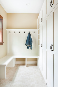 Meuble de rangement CANA sur mesure pour entrée, prix usine, unité de rangement moderne en bois blanc pour couloir avec banc intégré, meilleur prix - Product Image 6