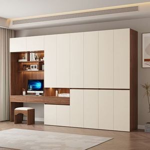 Armoire en Noyer Blanc Crème avec Bureau Intégré, Étagère LED, Tiroirs, Montage Facile, Taille Personnalisée, Système de Rangement de Chambre du Sol au Plafond - Product Image 1