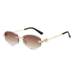 <b>Rimless</b> Oval <b>Sunglasses</b> Gold Frame Black Lenses UV400 Protection Unisex Adult Style - Product Image 4
