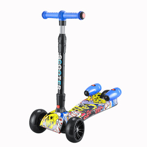Kids Scooter 3 Wheel <b>LED</b> Light Music Foldable Height Adjustable For Ages 3 Years And Older Blue Graffiti Design - Product Image 1
