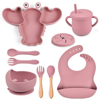 Ensemble de vaisselle pour bébé 8 pièces avec poignée en bois, compatible micro-ondes : bol, assiette homard, bavoir, assiette compartimentée, cuillère, fourchette, tasse